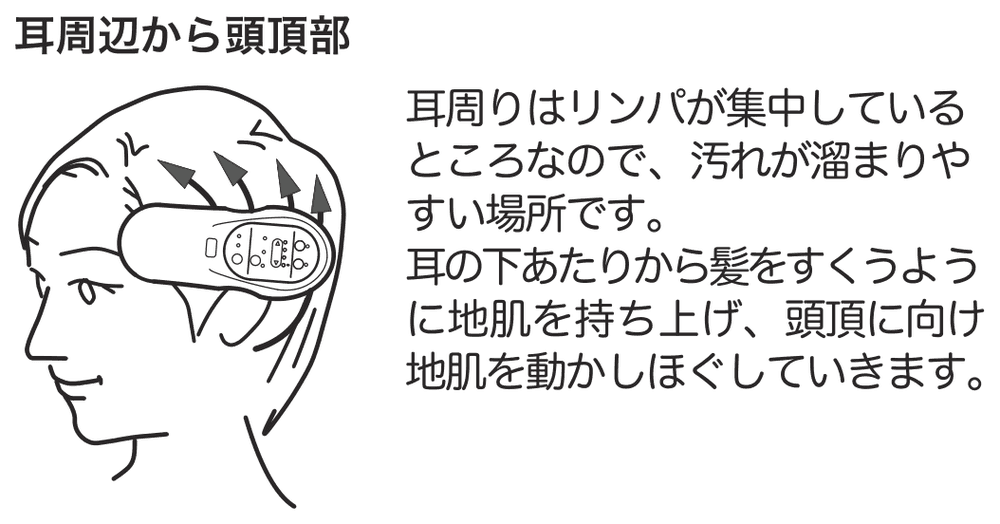 耳周辺から頭頂部への当て方